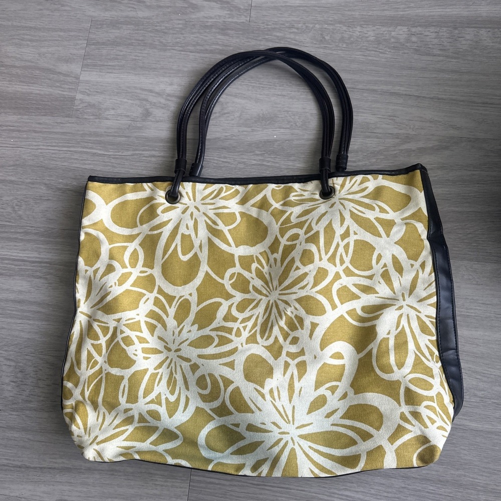 Unbranded Large Flower Print & Outside Pockets Mustard Yellow &Brown Tote